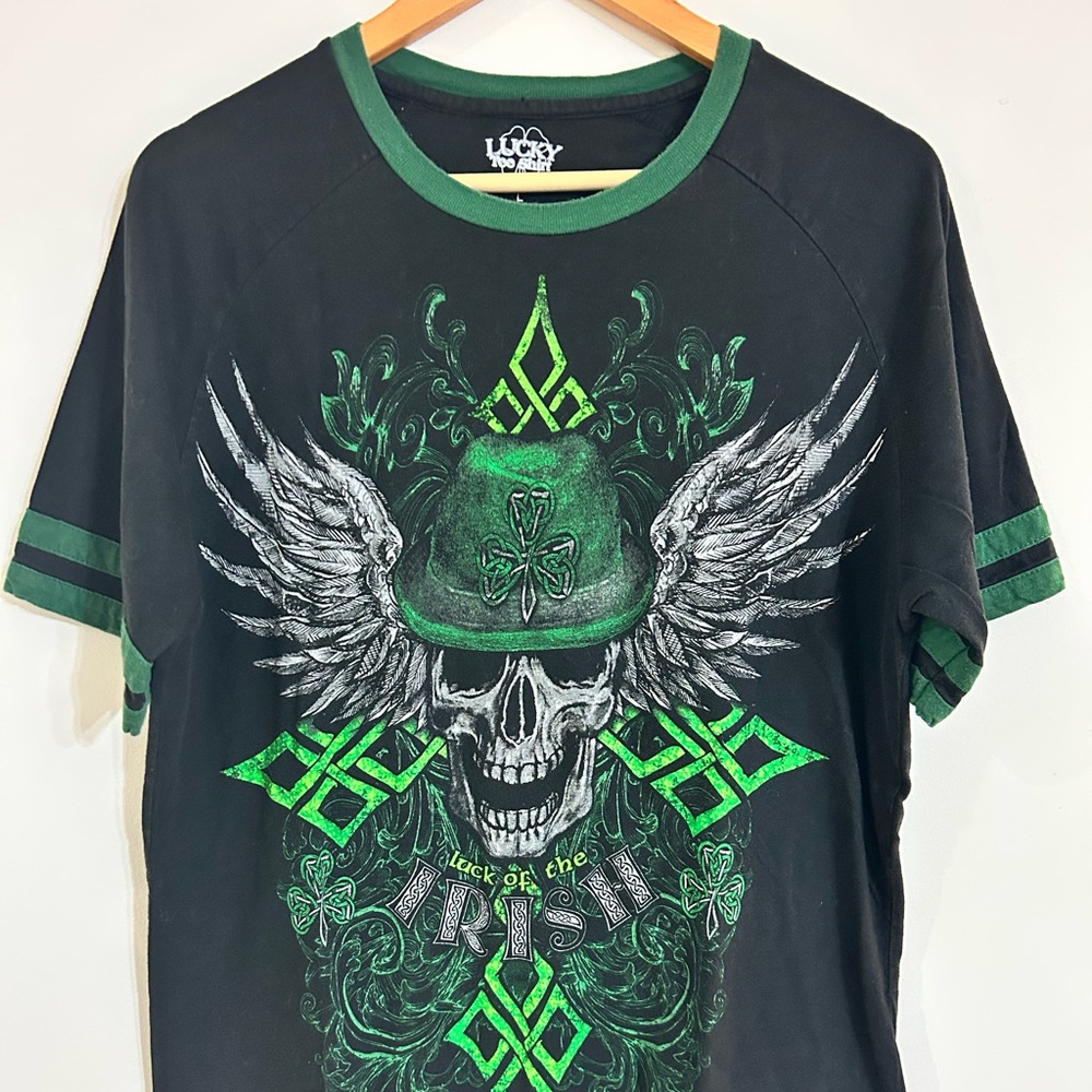 Luck Of The Irish Mens T Shirt Large Black and Green Skull in War Helmet Patrick